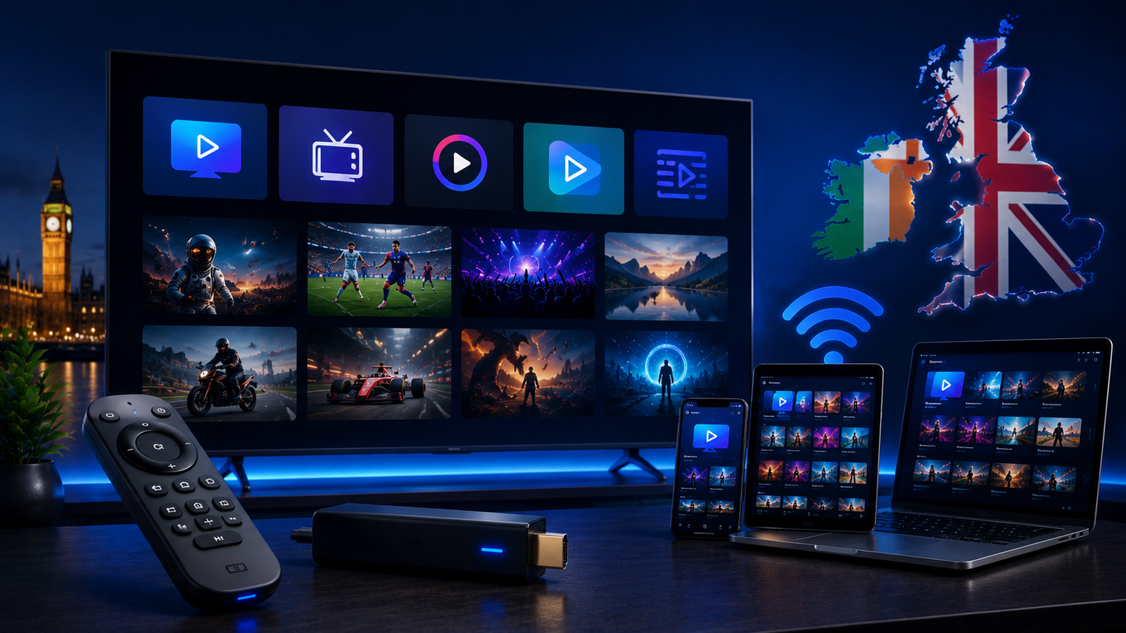 Comparison of IPTV streaming apps on Smart TV, Firestick and Android TV in a modern UK and Ireland home setup