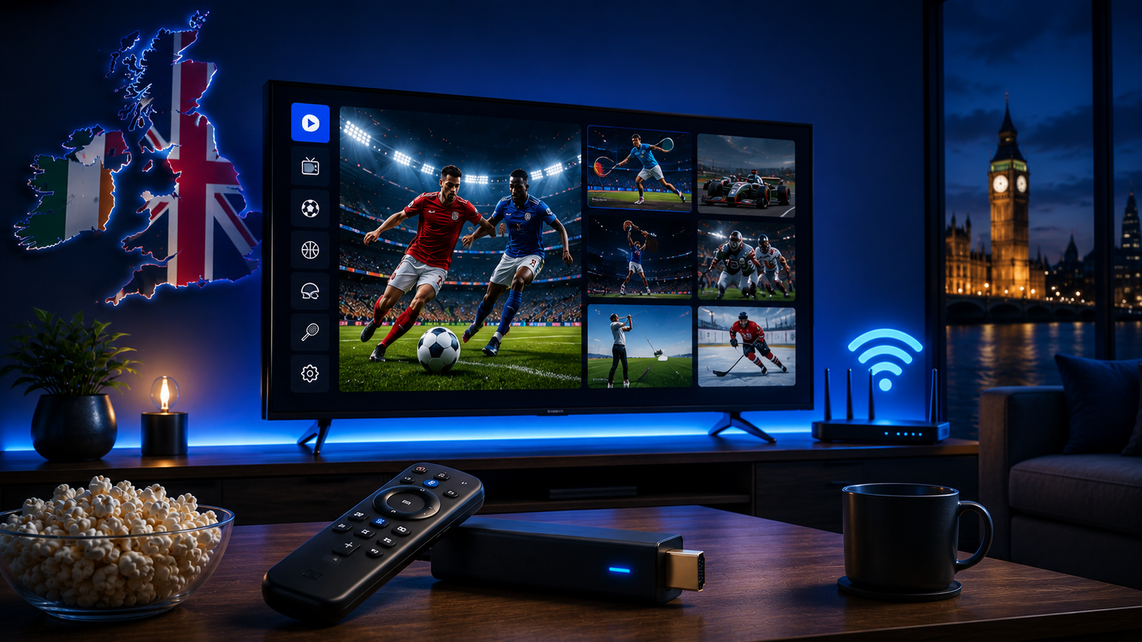 Live sports IPTV streaming setup on Smart TV with Firestick remote Wi-Fi and UK Ireland accents