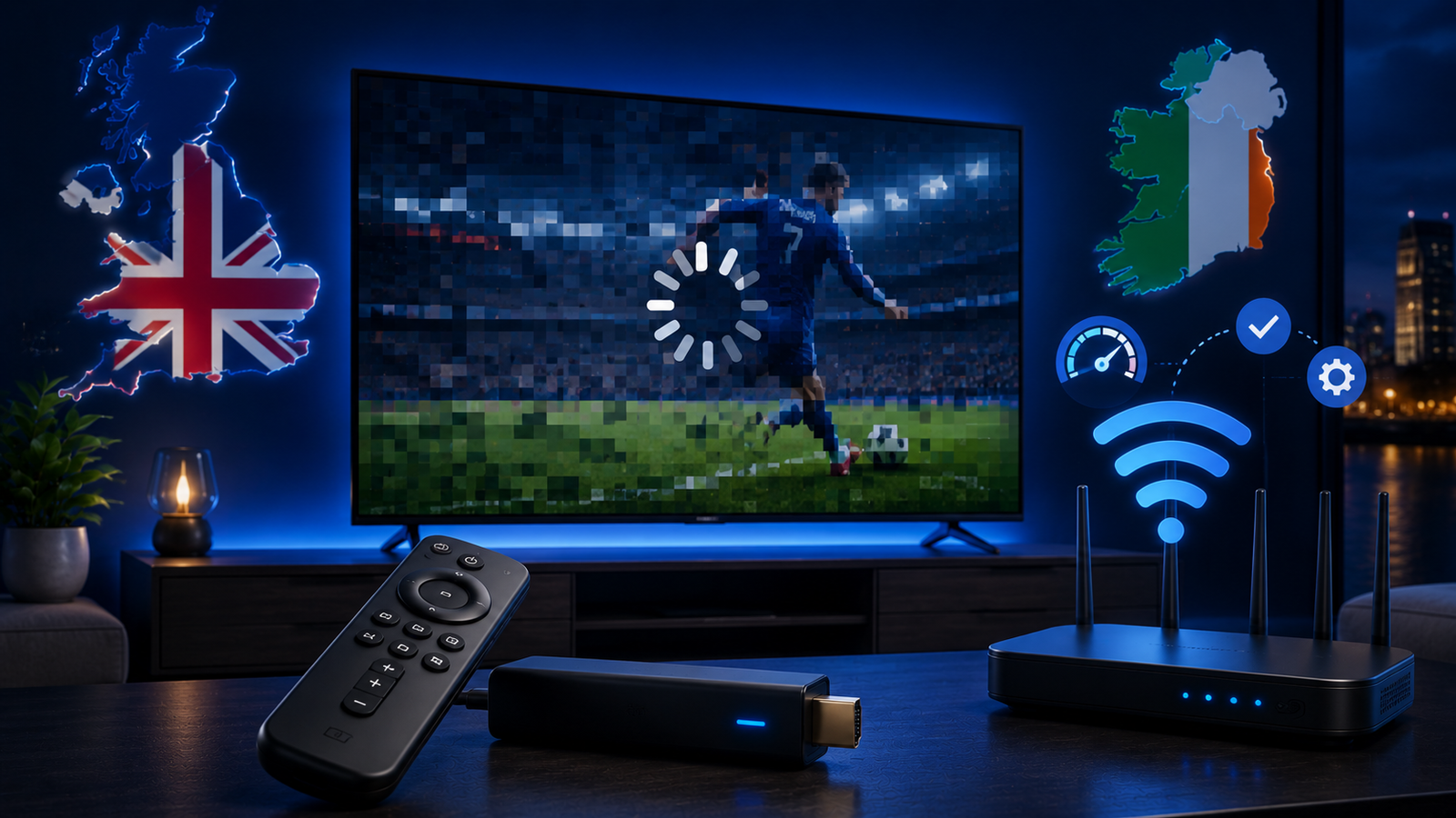 IPTV buffering troubleshooting guide showing Smart TV Wi-Fi router Firestick and streaming device