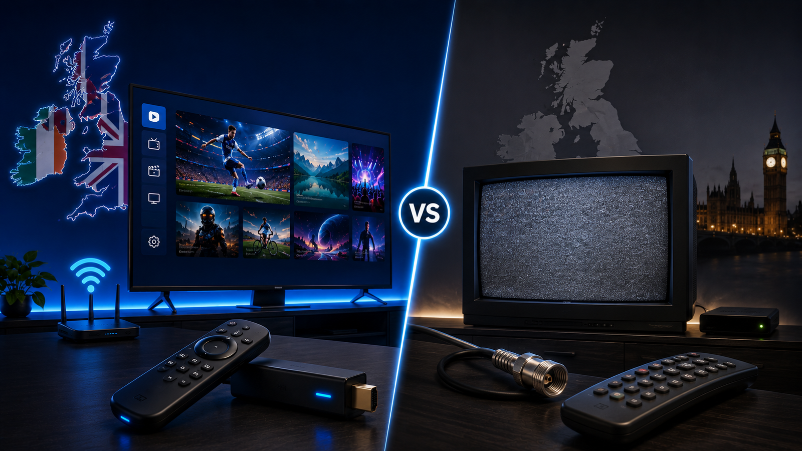 IPTV versus cable TV comparison showing a modern streaming setup and traditional cable equipment